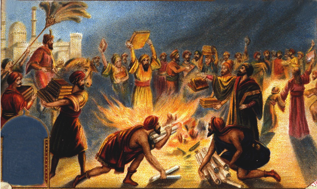 Kalif Omar I brænder biblioteket i Alexandria - Liébig reklamevignet. kromolitografi fra det 19. århundrede. af Unknown artist