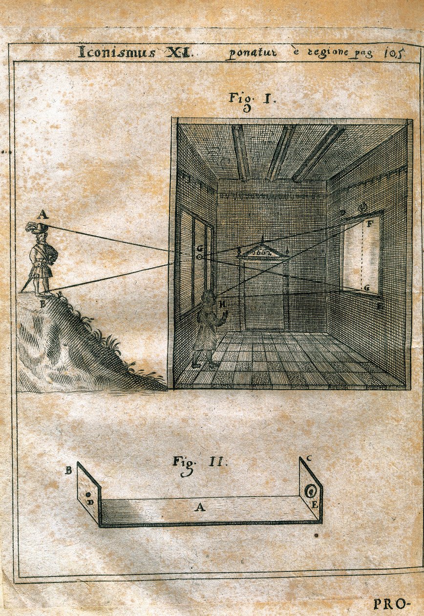 Mørkt rum. Gravering i "" "Naturalis Magic" "(1558) af Giovanni Battista Giambattista della Porta (1535-1615). Udgave af 1659. Gravering. af Unknown artist