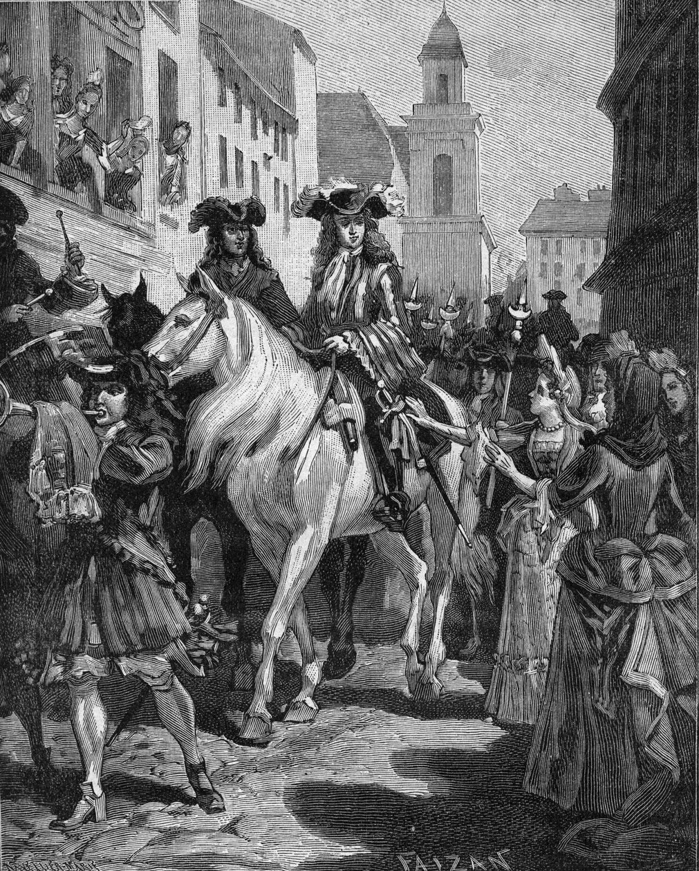 Camisard War (1702-1704): En katolik, der forsøger at røre ved lederen af Camisards, Jean Cavalier (1681-1740). Nimes, Gard (30). Indgravering af det 19. århundrede. I "Histoire de France" af Jules Michelet af Unknown artist