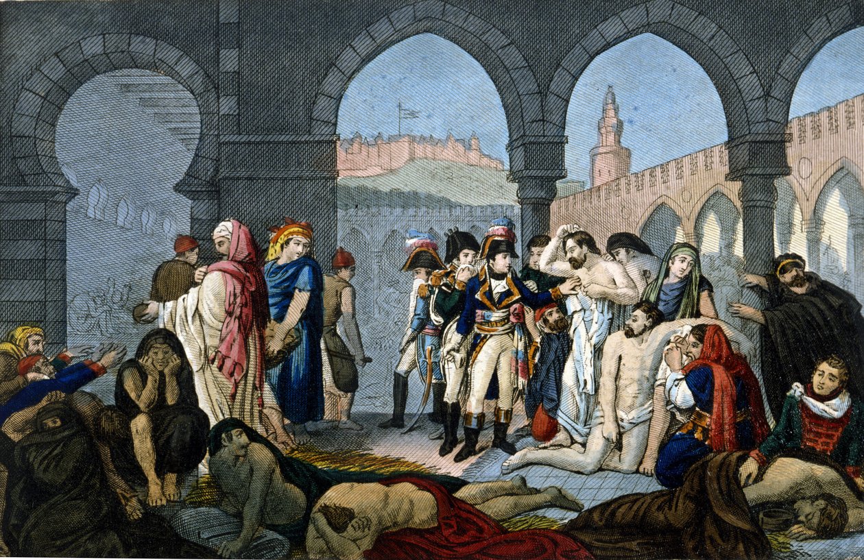 Kampagne (Ekspedition) af Egypten (1798-1801): General Bonaparte besøger pestiferes hospitalet i Jaffa. Gravering 1800-tallet. af Unknown artist