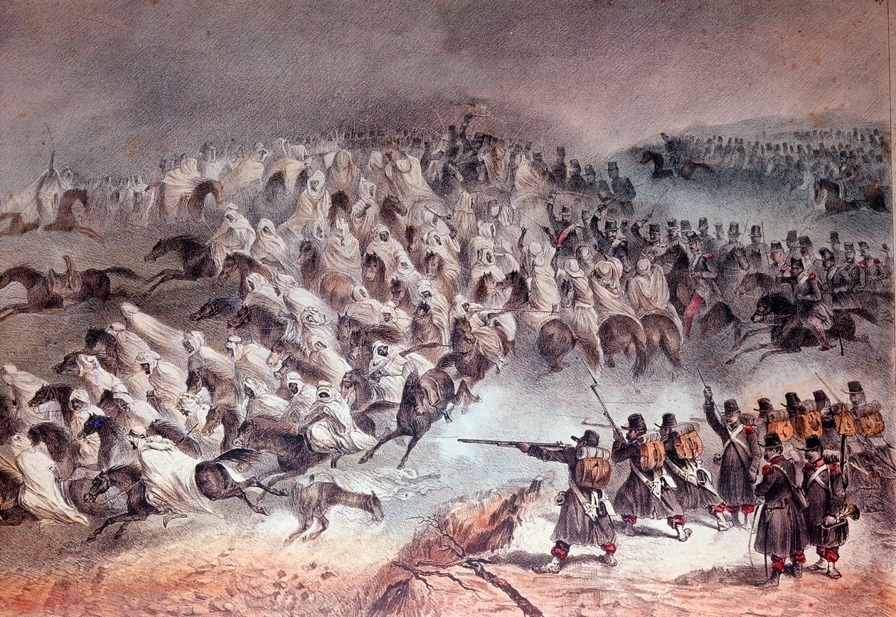 Algeriets kampagne, erobring af Konstantin: den franske hærs tilbagetrækning i Sidi-Tamtam, 27. november 1836 (Litografi af Unknown artist