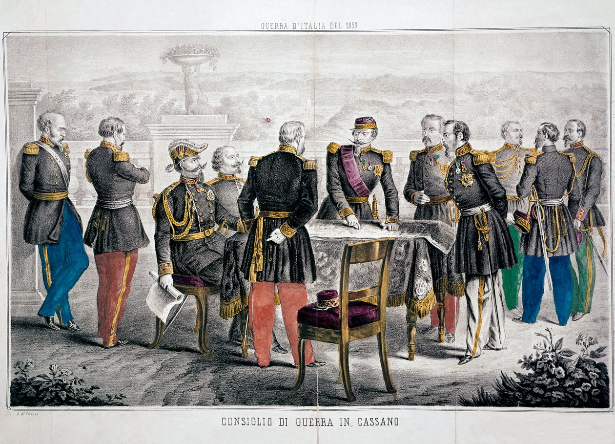 Italiens kampagne 1859: Cassanos krigsråd, der ser mødet mellem Vittorio Emanuele II (Victor-Emmanuel eller Victor Emmanuel) og kejser Napoleon III. Privat samling af Unknown artist