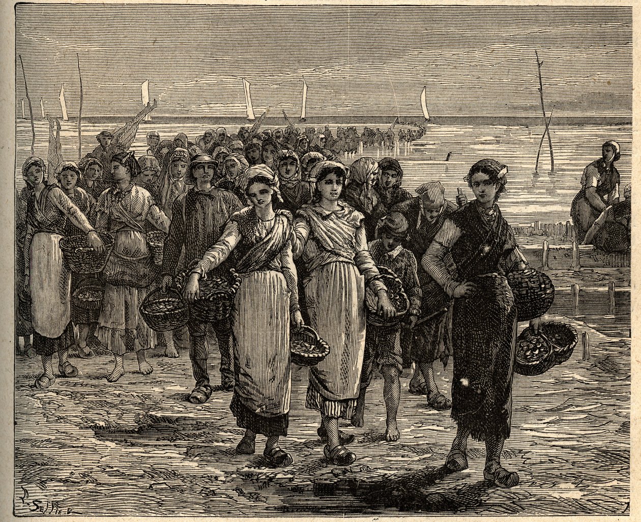 Cancale - Bretagne - Cancalaiserne vender tilbage fra fiskerbådene - - indgravering i "" PATRIE" - PECTUREQUIREQUE BESKRIVELSE AF FRANKRIG I 6 BIND AF LUCIEN HUARD - slutningen af ​​1800-tallet af Unknown artist