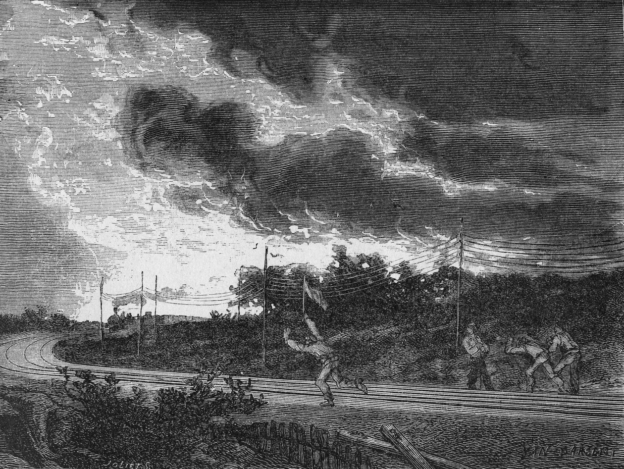 Cantonnier laver alarmsignalet og løber foran et tog for at forhindre ulykker. I” Album de la Science”, Éditions Jouvet af Unknown artist