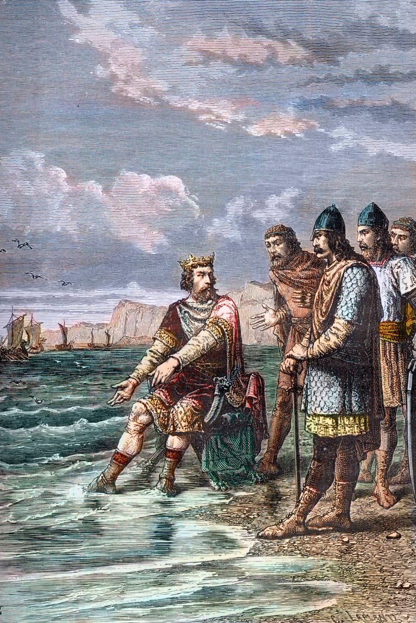Knud den Store, overbeviser sine mæglere om, at han ikke har magt til at dæmme op for tidevandet - Kong Knud II den Store (Knud I den Store) (ca. 995-1035), konge af England fra 1016, af Danmark fra 1018 og af Norge fra 1030 - Han viser sine hofmænd, at ku af Unknown artist