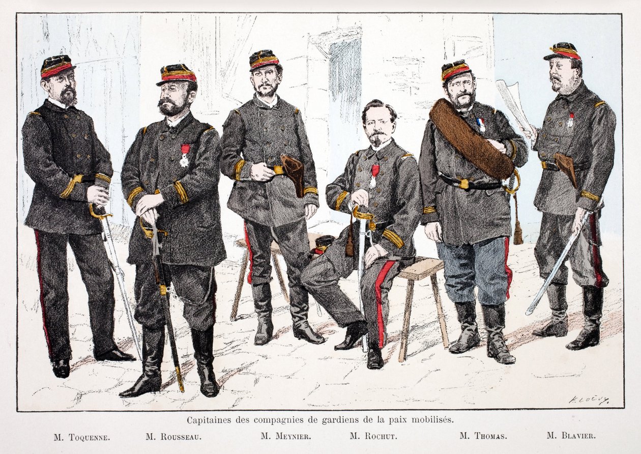 Kaptajner for de mobiliserede fredsbevarende kompagnier, fra venstre mod højre: Mr.Toquenne, Mr.Rousseau, Mr.Mennier, Mr.Rochut, Mr.Thomas, Mr.Blavier. Radering i farver, til illustration "" History of the Corps of Peacekeepers""" bog udgivet under af Unknown artist