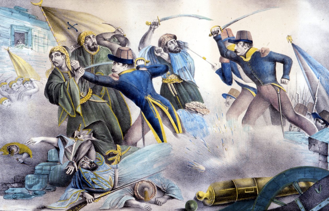 Tilfangetagelse af Konstantin i Algeriet i 1837 af marskal Valée. Farvelitografi fra det 19. århundrede. af Unknown artist