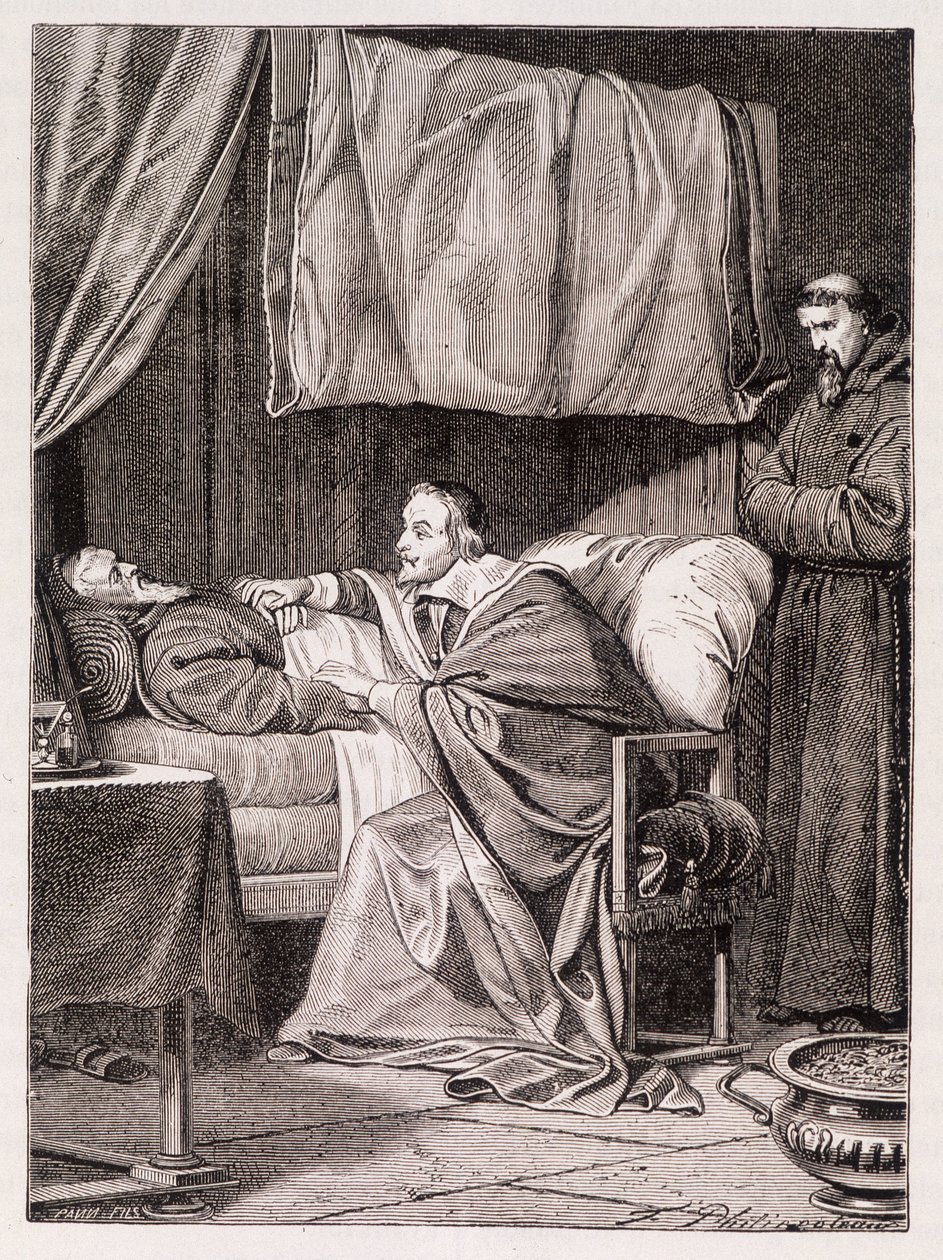 Kardinal Richelieu på fader Josephs dødsleje - gravering af Unknown artist