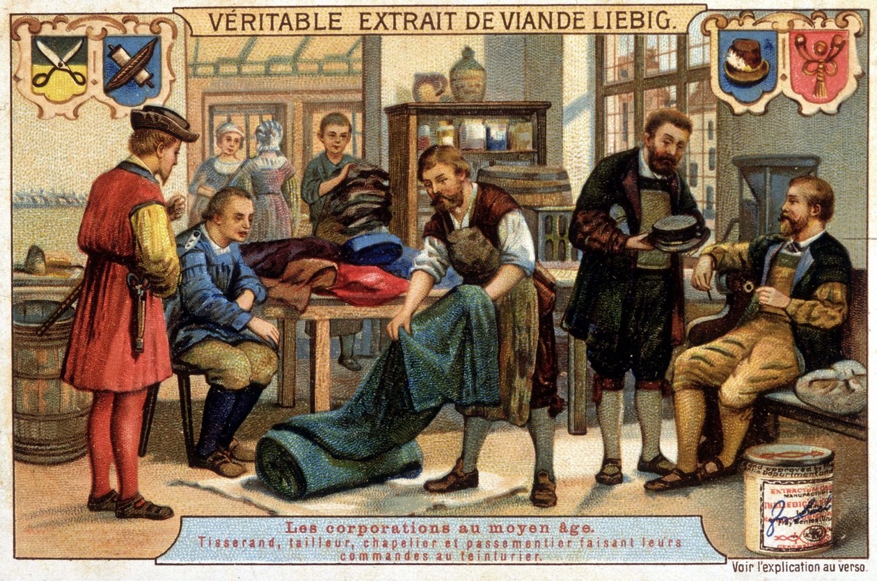 Karrierer i middelalderen: Weaver, Tailor, Hatter og Pastermaker, der bestiller tørrenseren - Chromo Liebig af Unknown artist