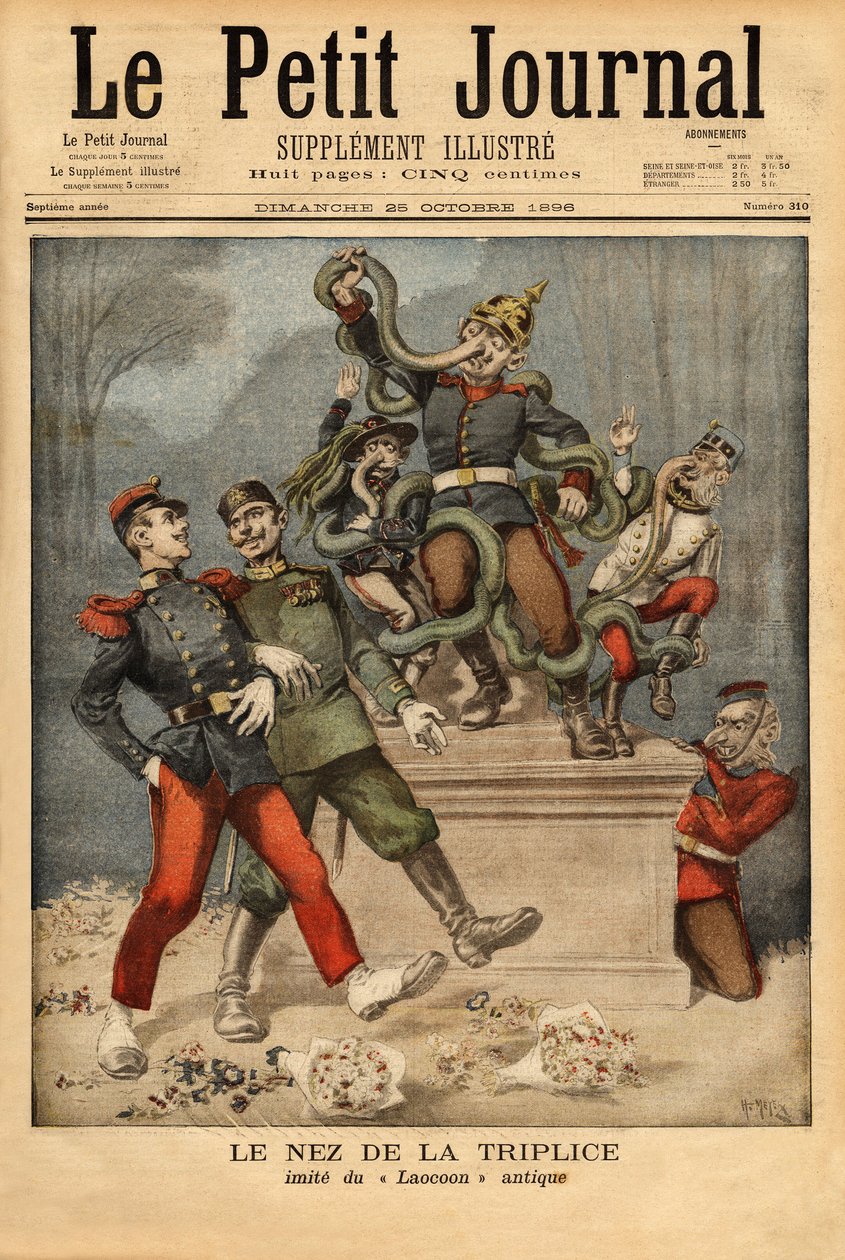 Karikatur allegori om den tredobbelte eller tredobbelte alliance mellem Tyskland, Østrig-Ungarn og Italien, hvor man ser den anden europæiske alliance passere, Frankrig med Rusland. Indgravering i "" Le petit journal"" 25/10/1896. Selvas samling. af Unknown artist
