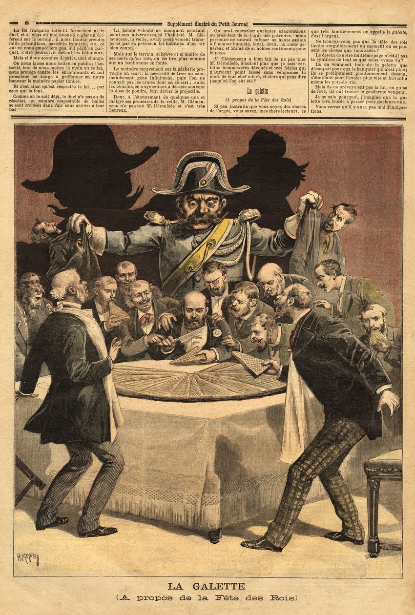 Karikaturillustration "" la galette"", om kongernes fest, hvor bankmanden skærer kagen, alle fældede for at få en andel og fandt i stedet for en feve gendarmen. Indgravering i "" Le petit journal"" 7/01/1893. Selvas samling. af Unknown artist