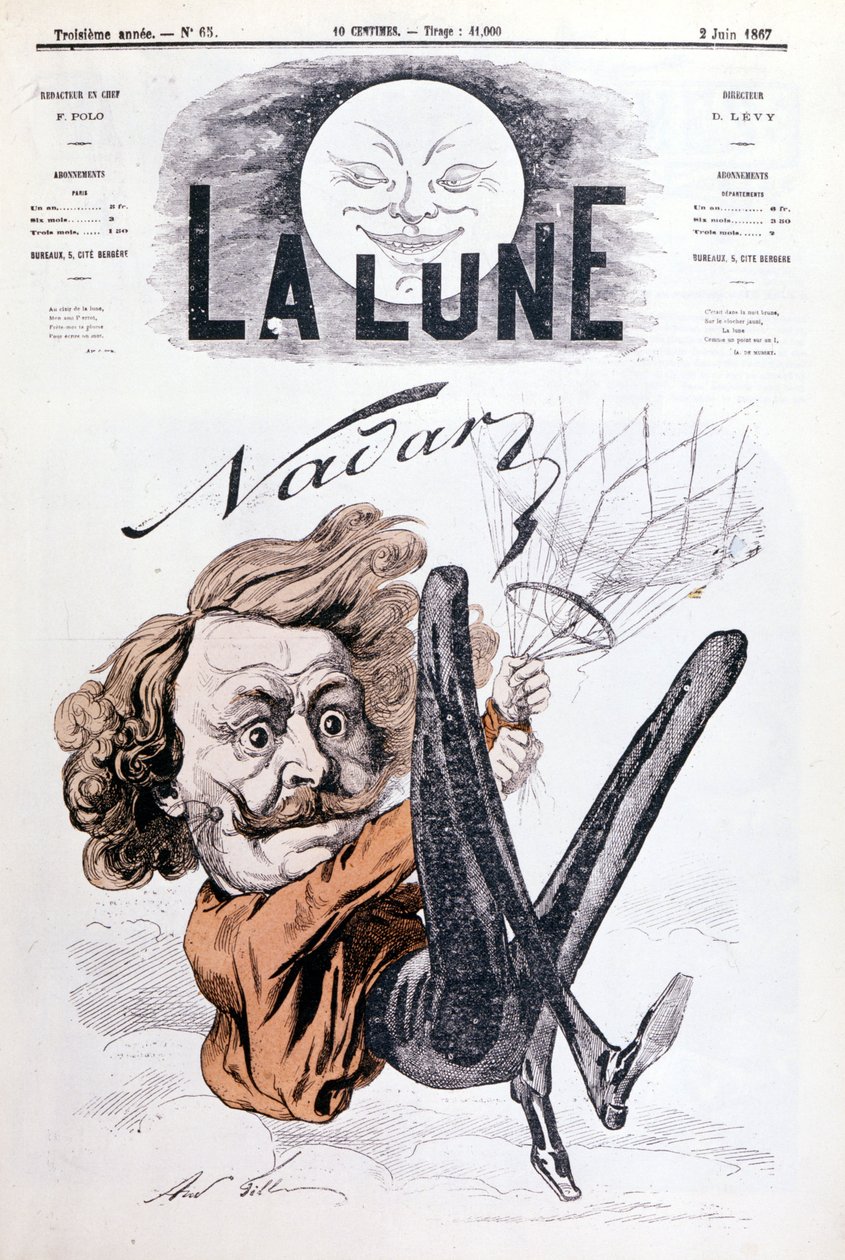 Karikatur af Nadar (1820 - 1910) aeronaut. Cover af ""Månen"" dateret 2/06/1867. af Unknown artist