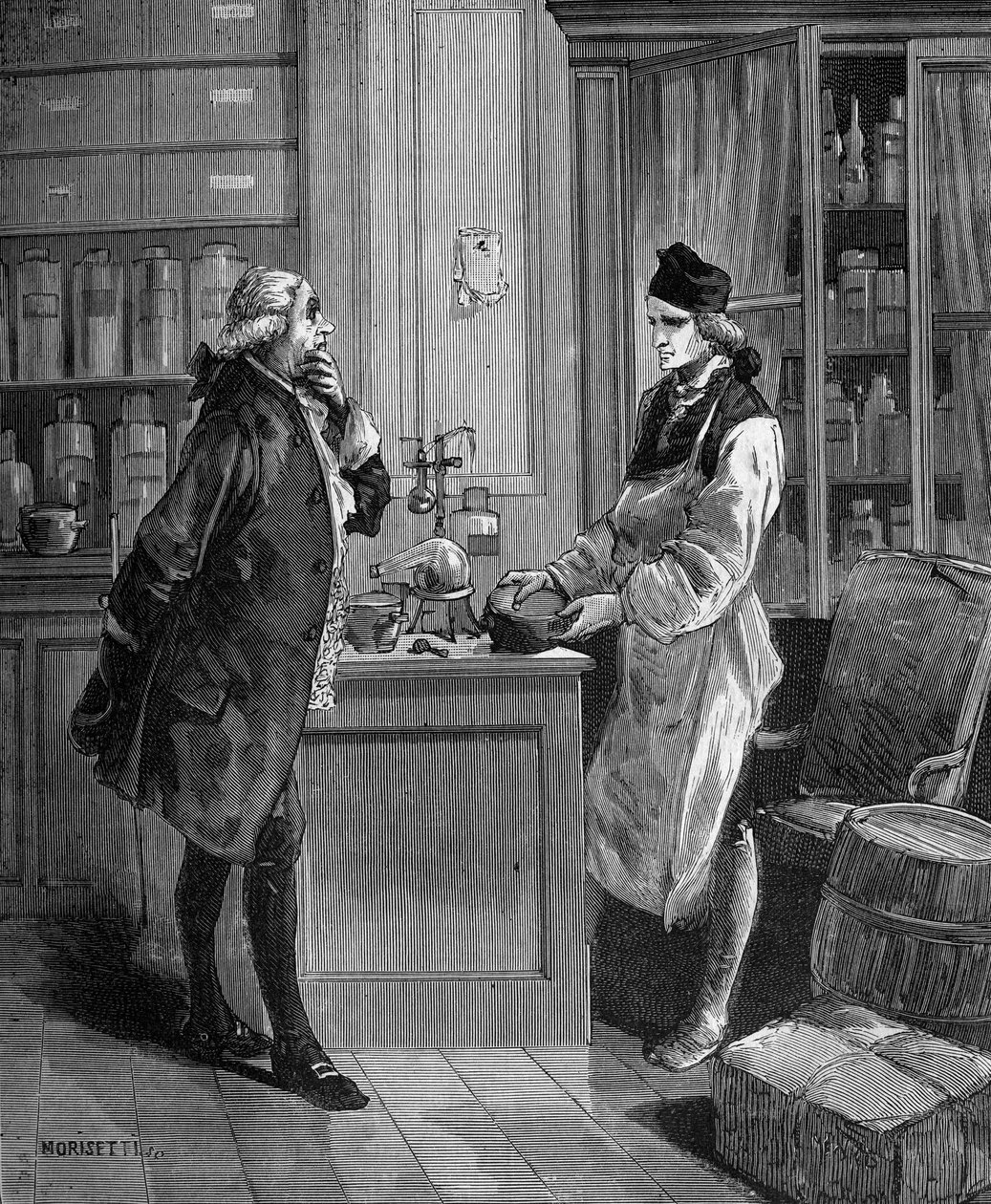 Carl William (Guillaume) Scheele (1742 -1788), svensk kemiker i sit laboratorium hos Tobern Bergmann 1735-1784 kemiker. af Unknown artist