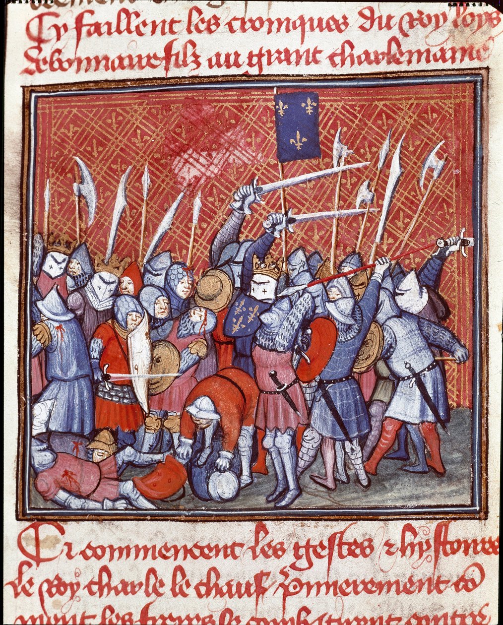 Karolingisk dynasti: "" Den karolingiske kong Charles II siger den skaldede (823-877) under et slag""" Miniature taget fra "" Les grandes Chronicles de France""" Chantilly fra det 14. århundrede, Musee Conde af Unknown artist