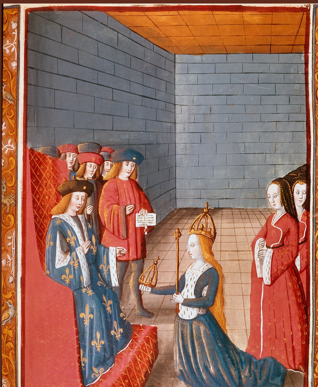 Karolingisk dynasti: "" Den karolingiske kong Charles II siger, at den skaldede (823-877) tager hovedet af det vestlige imperium ved sin far Ludvig den frommes død i 840"" Miniature taget fra "" Les grandes Chronicles de France""" 15. århundrede Torino, na af Unknown artist