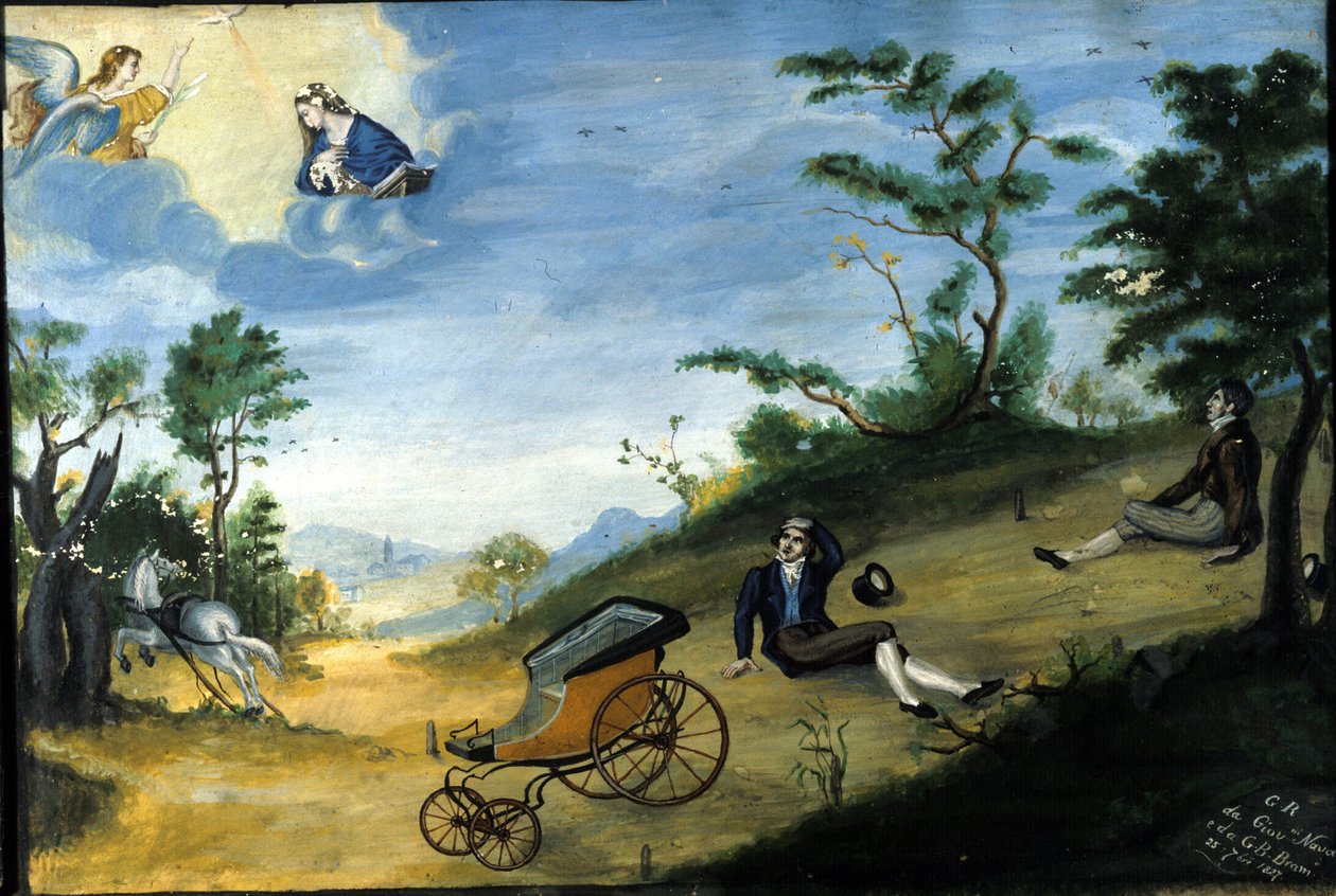 Vognsulykke. Ex voto fra 1827 fra helligdommen Madonna delle Grazie i Monza. af Unknown artist