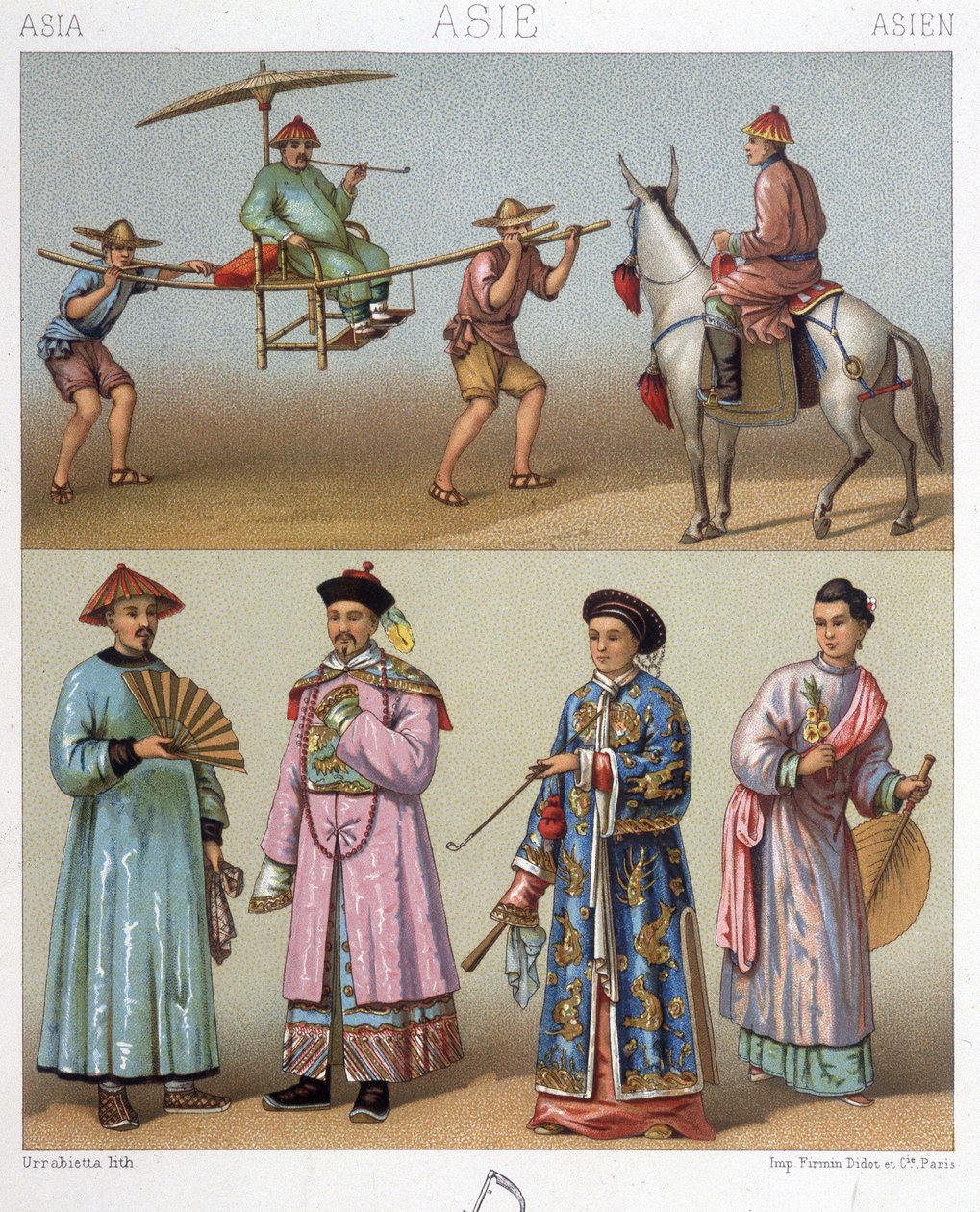 Bærestole, ryttere og kostumer i Kina - i "" Le costume historique"" af Racinet af Unknown artist