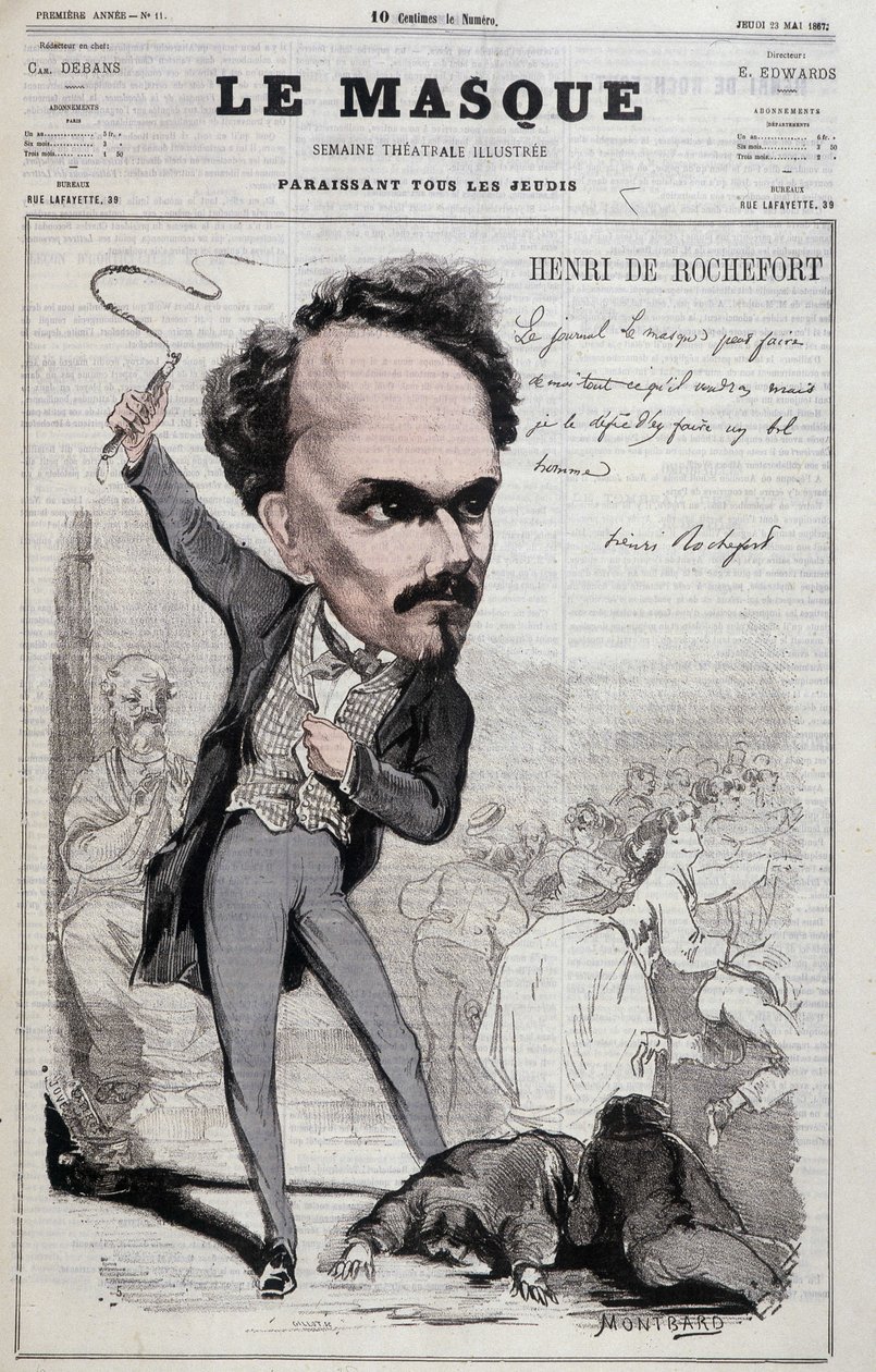 Tegneserie af Henri de Rochefort (1831-1913), fransk journalist og politiker, der viste republikanske holdninger, der var fjendtlige over for det værre. i "Le Masque"" fra 1867 af Unknown artist