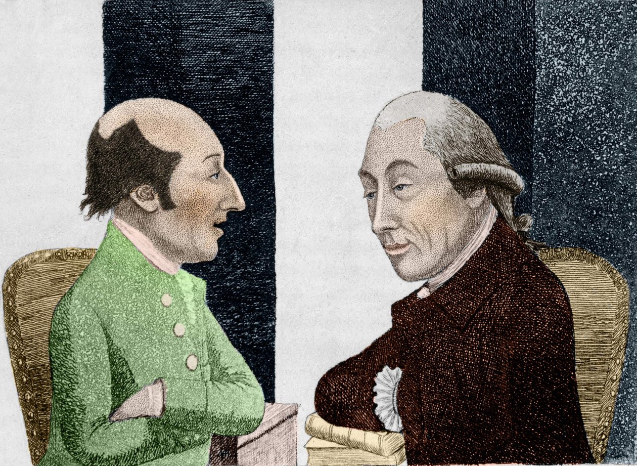 Tegneserie af James Hutton (1726 - 1797) til venstre og Joseph Black (1728 - 1799) til højre Gravering i begyndelsen af det 19. århundrede af Unknown artist