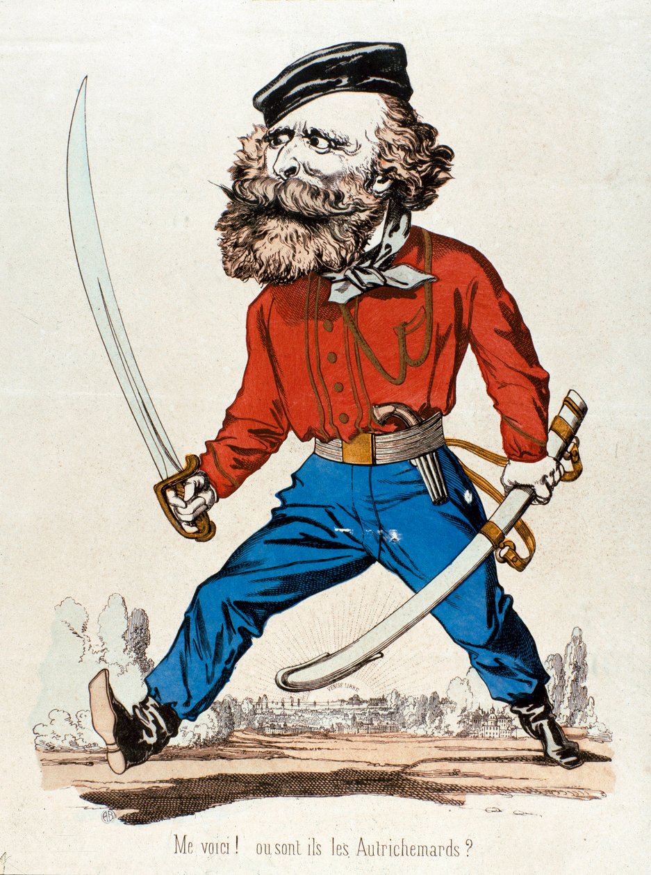 Tegneserie af Giuseppe Garibaldi (1807-1882), italiensk patriot og helte fra Risorgimento, der udbrød "" Me voic! ou sont les Austrihemards””” Indgravering af det 19. århundredes privatsamling - Giuseppe Garibaldi (1807-1882), italiensk patriot og Riso af Unknown artist