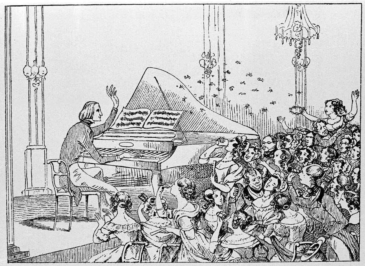 Tegneserie af Franz Liszts triumf ved en koncert i Berlin i 1842. af Unknown artist