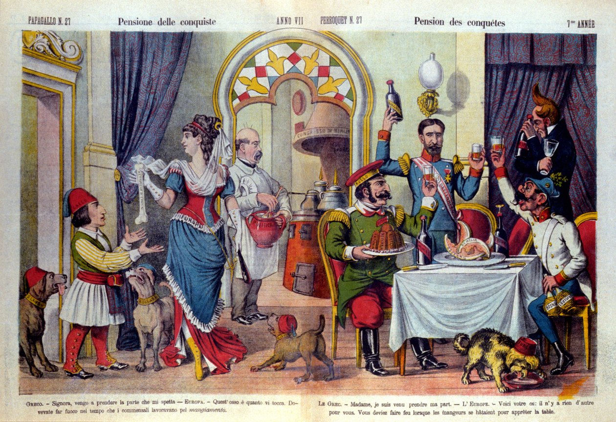 Tegneserie af den italienske avis "" Le Parroquet"" (il Pappagallo) om Berlin-kongressen (Congresso di Berlino) i 1878 (Diplomatisk konference). Berlin-kongressen blev afholdt for at gennemgå Ruslands uretfærdighed over for Tyrkiet: tyrkere tvunget til at  af Unknown artist