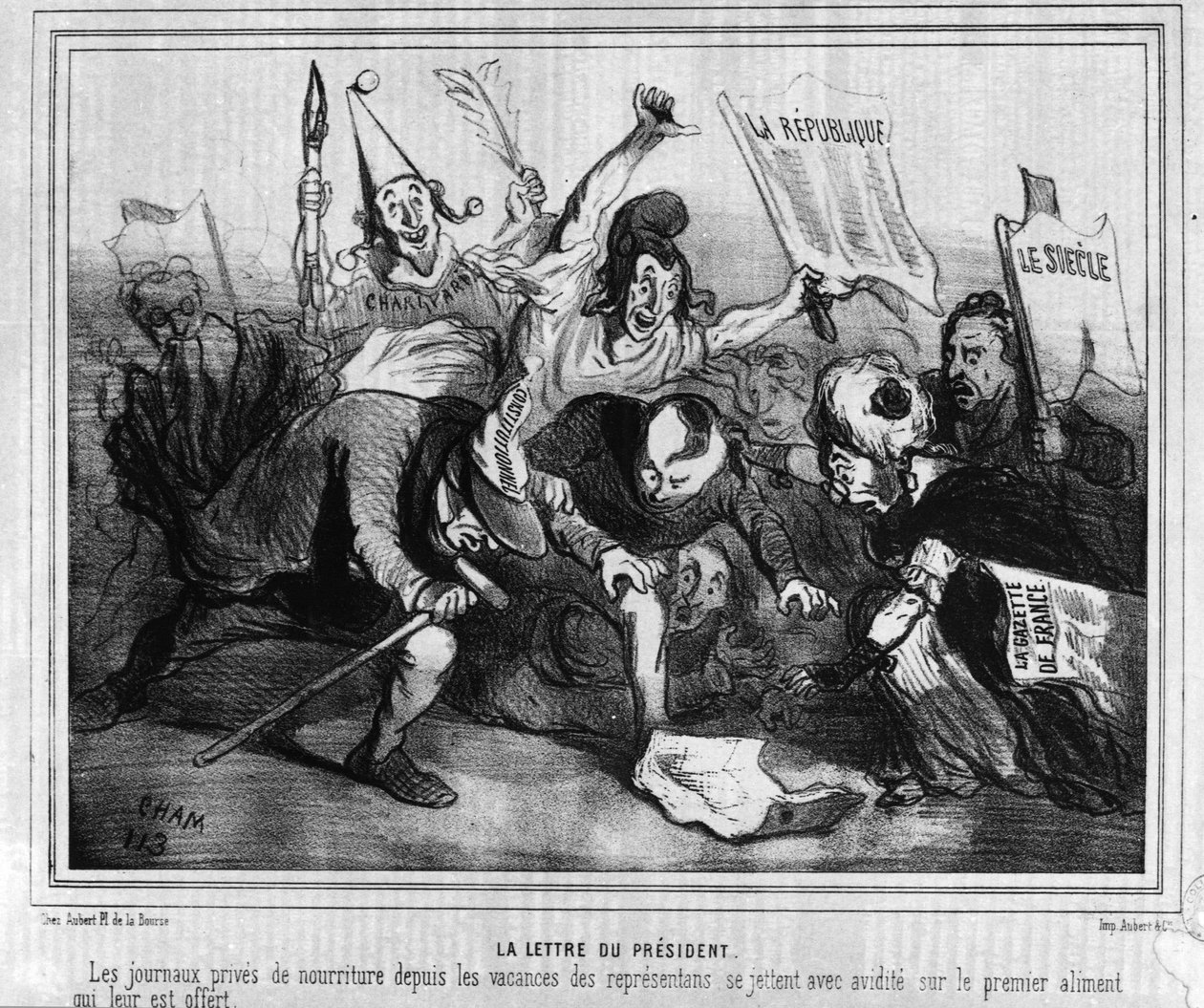 Tegnefilm om valgkampen til det første præsidentvalg den 10. december 1848 med slaget ved aviserne. af Unknown artist