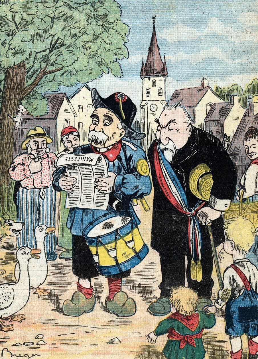 Cartoon representing Georges Clemenceau and Emile Combes campaigning together in the French campaigns for the elections of 1913 (Karikatur, der viser de franske statsmænd Emile Combes og Georges Clemenceau, der stiller op sammen til præsidentvalget i 1913) af Unknown Artist