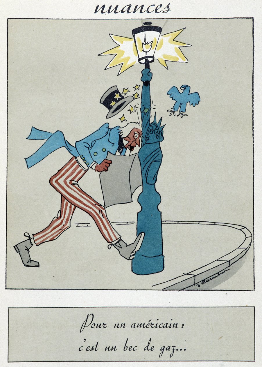 Tegneserie, der viser Frihedsgudinden med et gasnæb, der erstatter faklen. af Unknown artist