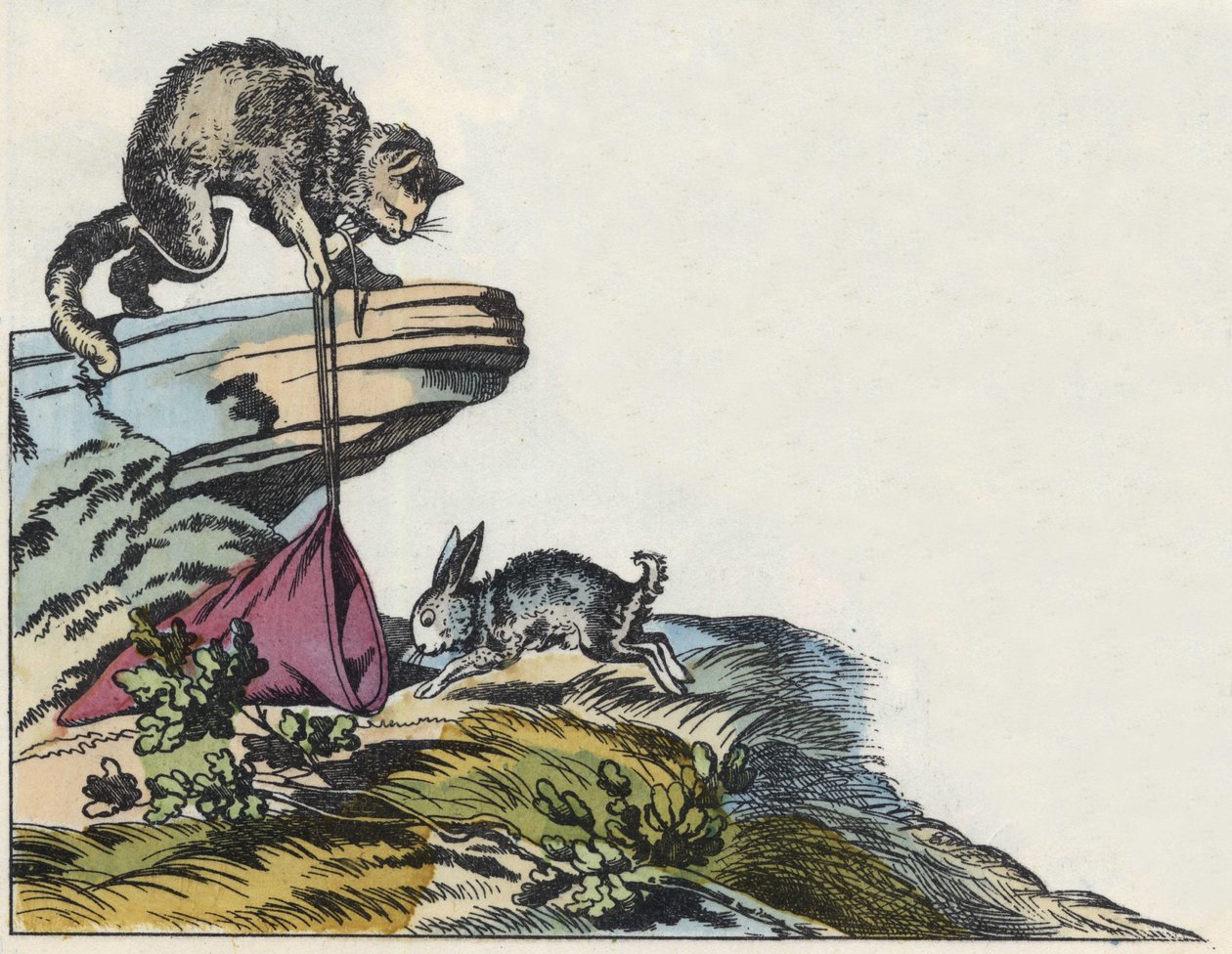 Kat fanger en kanin. Illustration af fortællingen "The cat botte" af Charles Perrault af Unknown artist