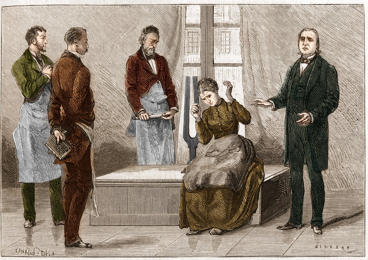 Katalepsi produceret under påvirkning af lyd (Diapason). Fransk neurolog Jean Martin Charcot (1825-1893) (til højre) demonstrerer hypnose på en patient på Salpetriere hospital. Illustration taget fra "" Nature"" 1879 af Unknown artist