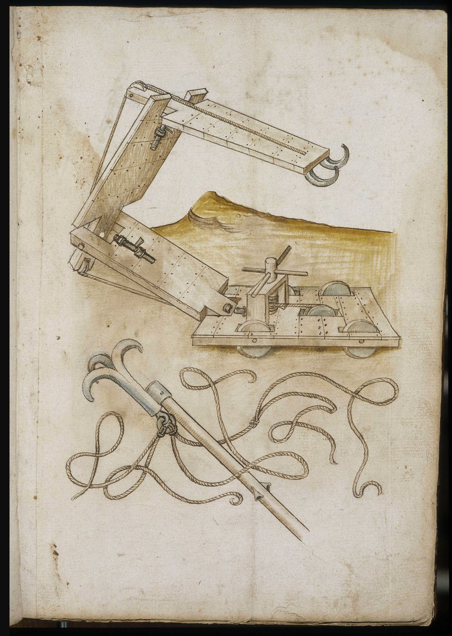 Katapult- og krogsystem - Manuskript: pergamentark af en ingeniørmanual til opførelse af civile, religiøse og militære bygninger, anonymt, slutningen af det 15. århundrede (figur med kinesisk blæk) af Unknown artist