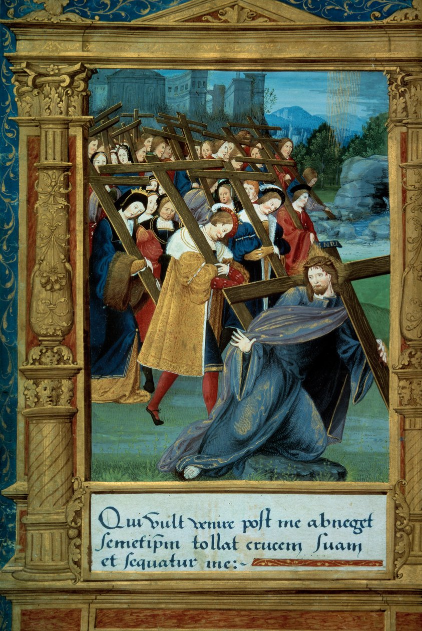Katekismus: Kristus bærer sit kors. Manuskriptside "" Indledende undervisning i den kristne religion for børn"" tilskrevet Johannes Brenz (1498-1570) dedikeret til Marguerite d