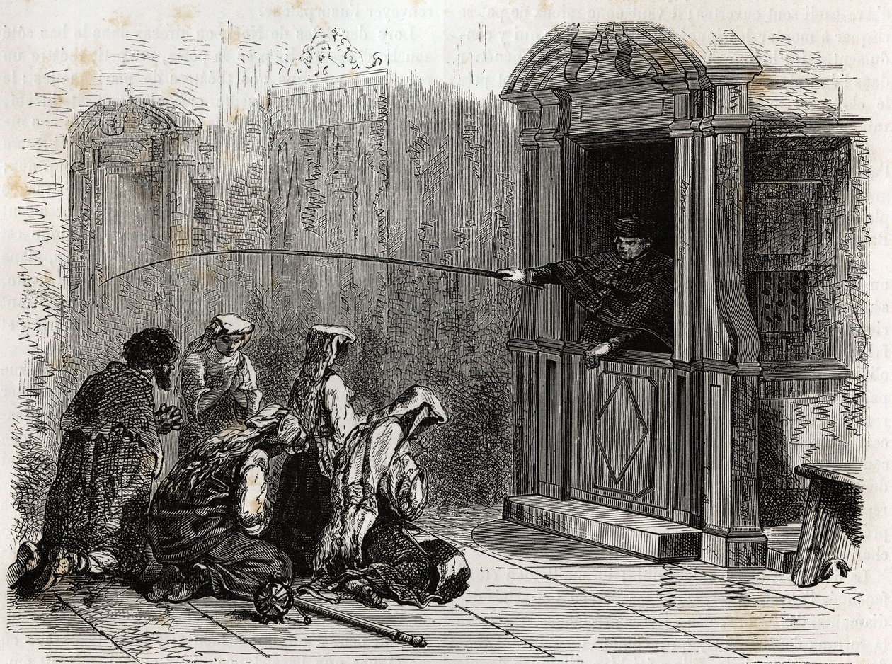 Katolske udøvere i bøn, der modtager almindelig bod, piske administreret af en præst fra standen. Gravering for at illustrere historien om den hellige uge i Rom, i 1863, af Ludovic Celler, i "Le tour du monde, nouveau journal des voyages"" publis. af Unknown artist