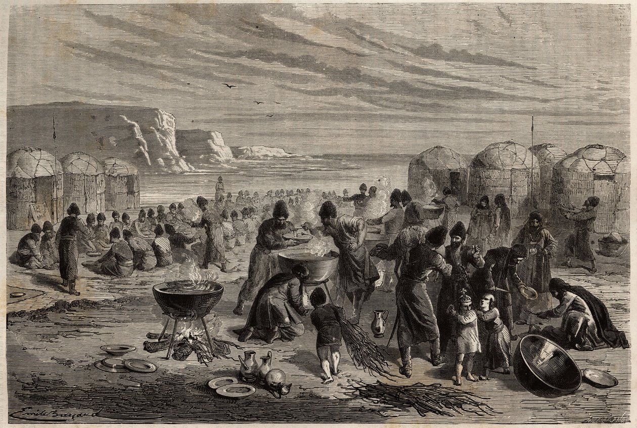 Cauda-yoli (cauda yoli), den årlige turcomanske religiøse fest, for at bede om Guds beskyttelse for familien og betailen, arrangeret af en familie, som til lejligheden kan ofre omkring femten får, og som hele samfundet er inviteret til. Engravin af Unknown artist