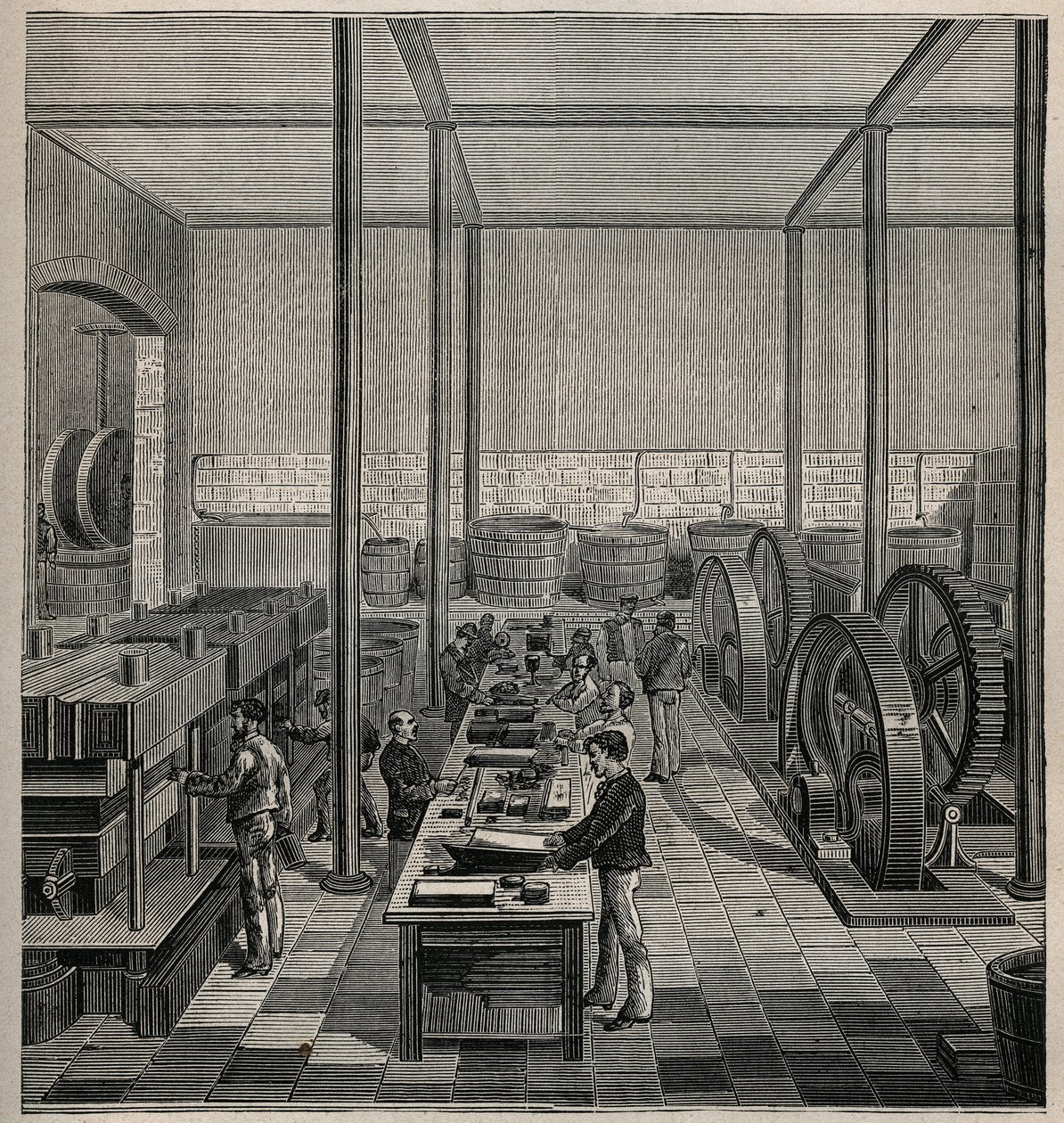 Celluloid: fremstilling af celluloid. Indgravering fra 1885 i "" Les arts et metiers illustres"" af Adolphe BITARD. af Unknown artist