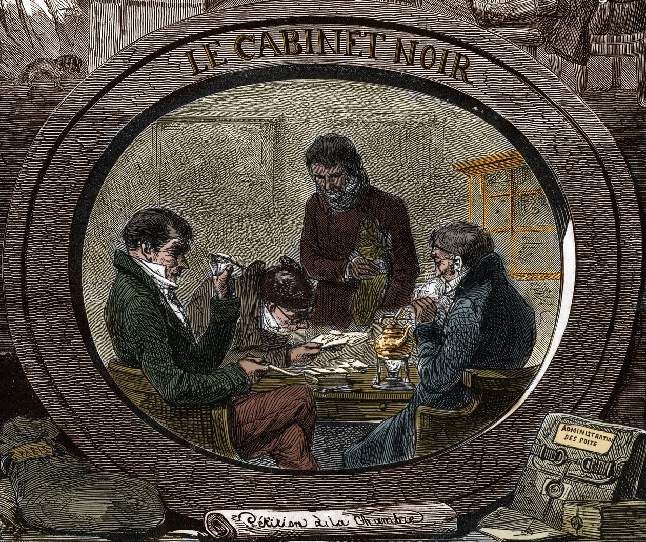 Censur i 1800-tallet: Under det gamle regime kaldes tjenesten "Black Cabinet", som er ansvarlig for at undersøge privat korrespondance af sikkerhedsmæssige årsager. Indgravering af det 19. århundrede. af Unknown artist