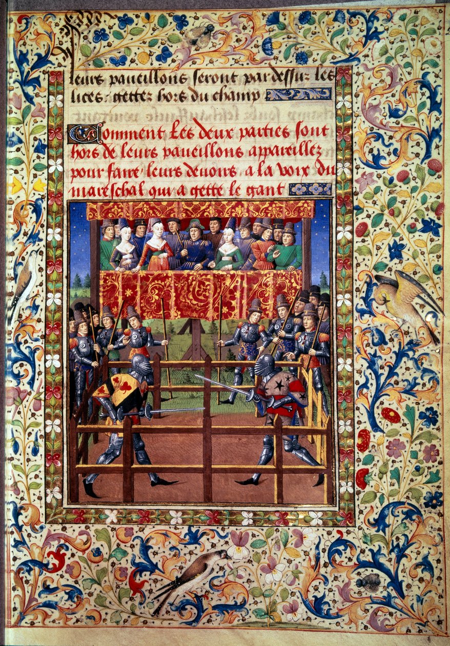 Ceremonier og ordinancer som løfte om kamp: duel i lukket felt mellem to riddere Miniature fra et manuskript af Jean de Rolin (1400-tallet) 1460 Paris, B.N. af Unknown artist