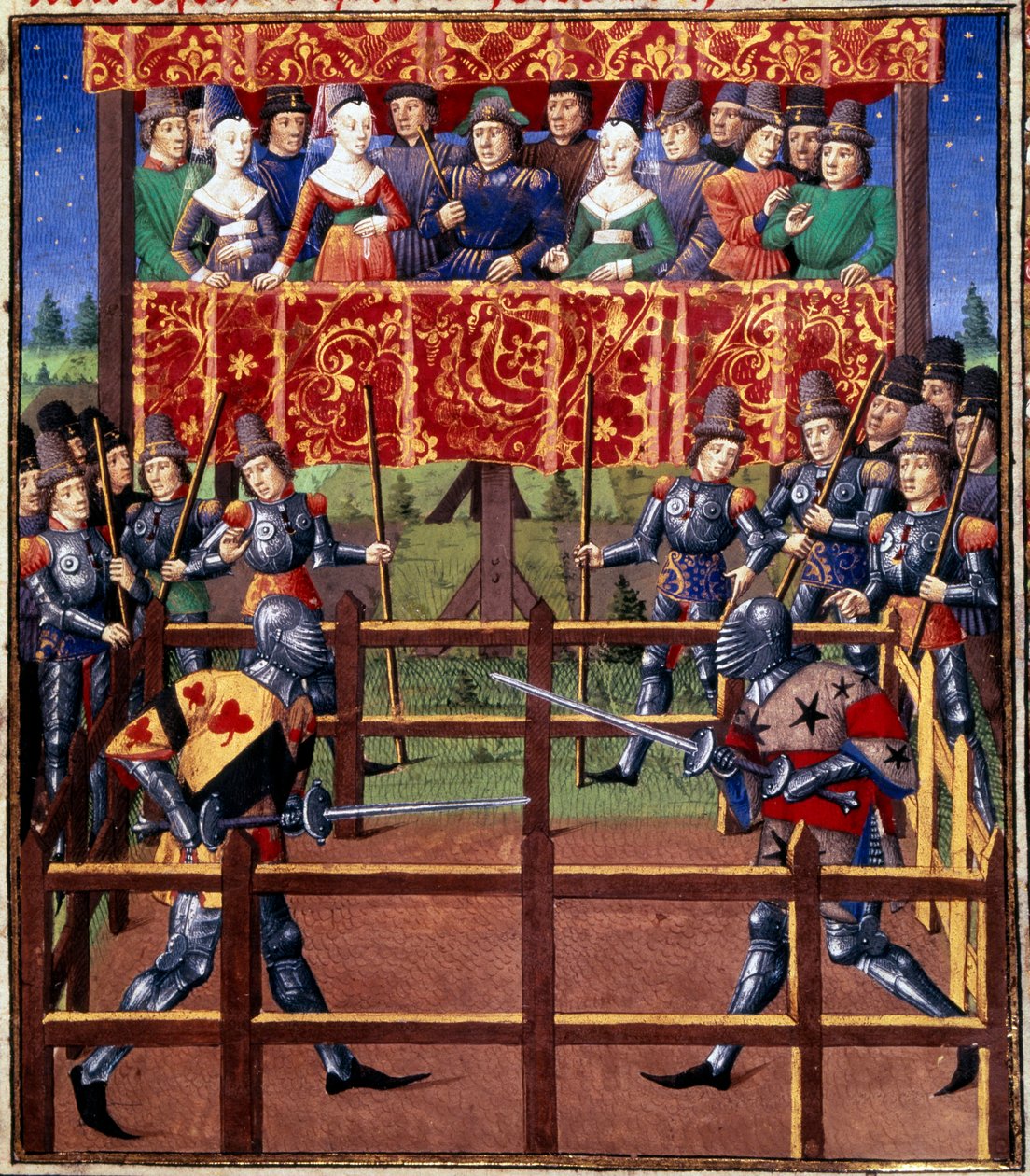 Ceremonier og ordinancer som et løfte om kamp: Duel i lukket felt mellem to riddere miniature fra et manuskript af Jean de Rolin (15. århundrede) 1460 Paris, B.N. af Unknown artist