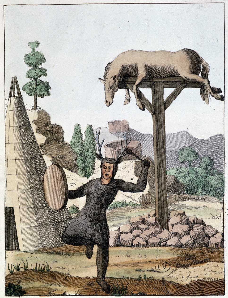 Chaman-tungedans foran en begravelse (Sibirien) - gravering, deb. 19. århundrede af Unknown artist