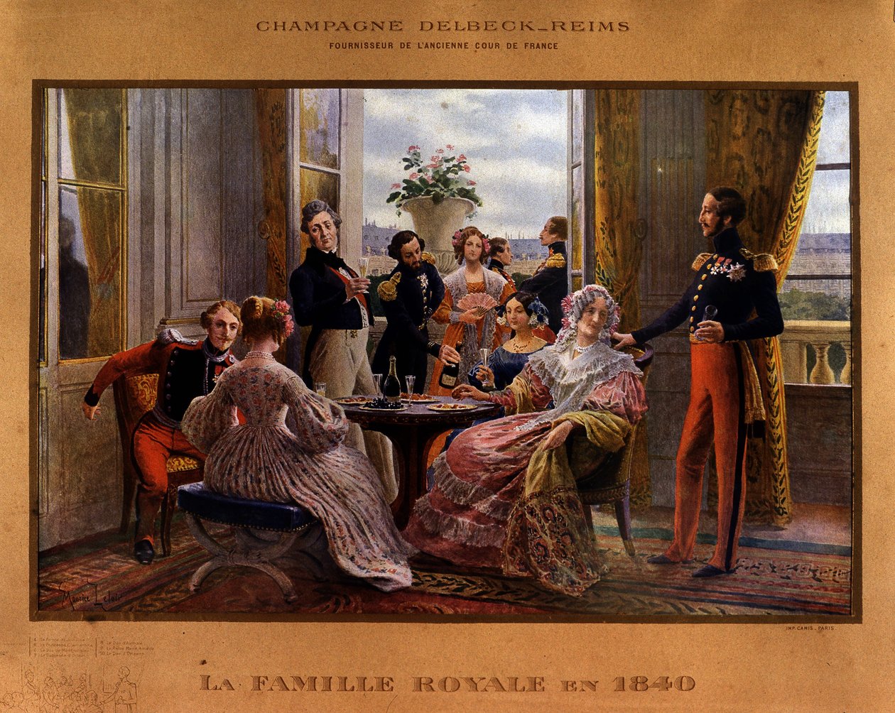 Champagne serveret ved det kongelige bord i 1840 - Reklameplakat for Delbeck-champagnen "" Leverandør af det tidligere hof i Frankrig "", slutningen af 1800-tallet af Unknown artist
