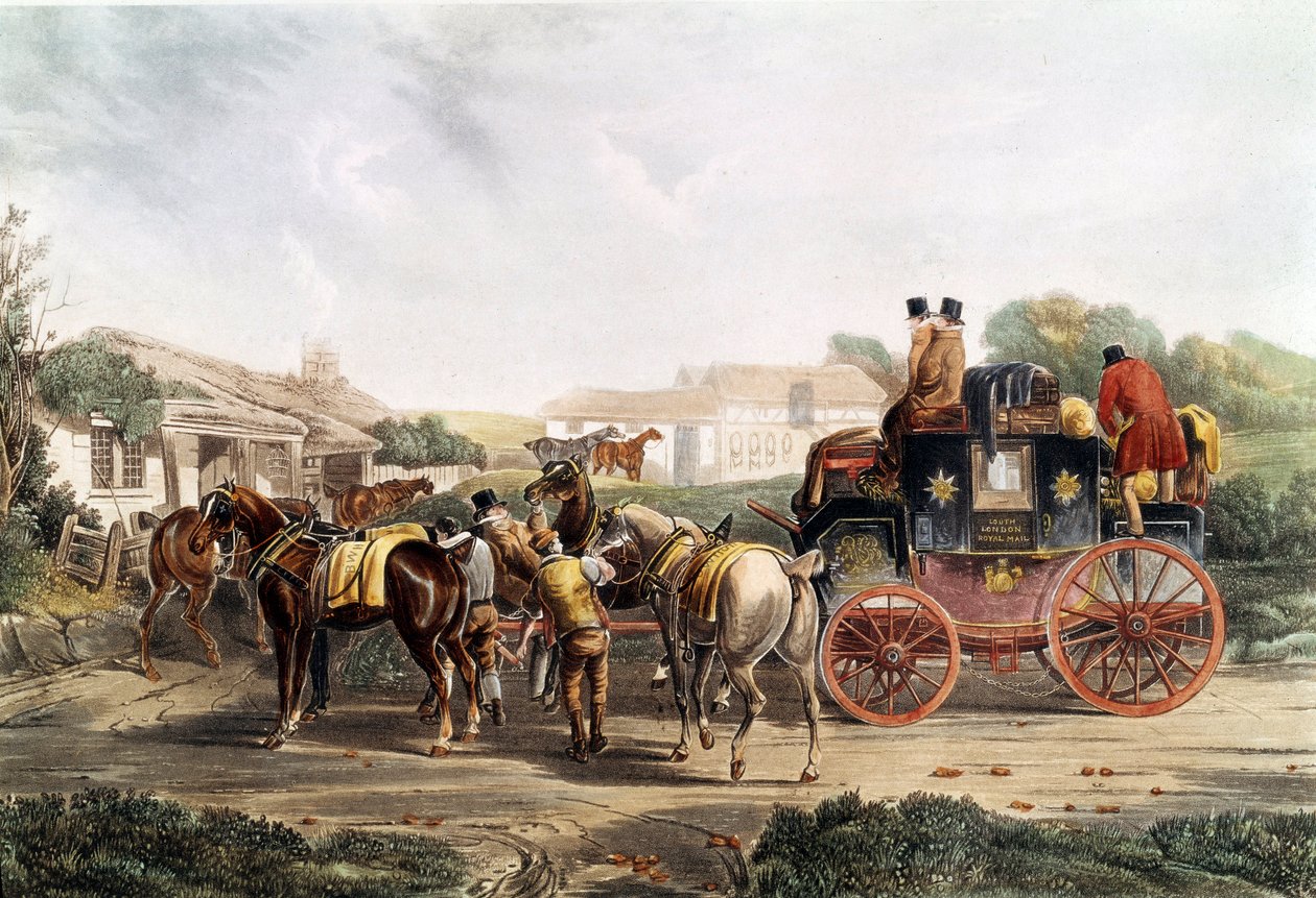 Skift af træk på kroen under en rejse med bus. Engelsk gravering. 1800-tallets privatsamling af Unknown artist
