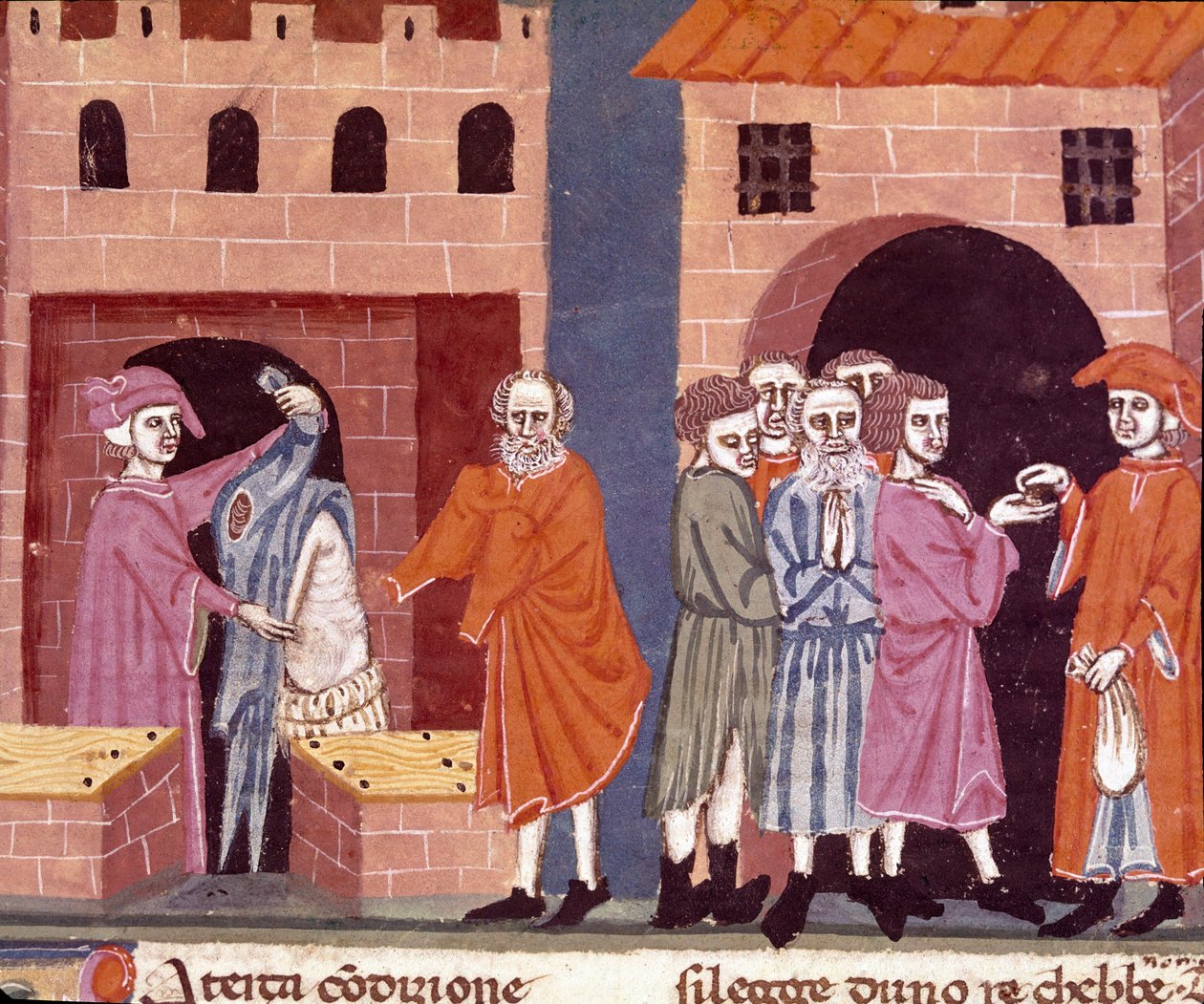 Velgørenhed i middelalderen: "" offentlig bistand"". Scene for velgørenhed og hjælp til de fattige. Miniature af den florentinske skole taget fra den italienske oversættelse af "Pater noster" af den florentinske notar Ser Zucchero Bencivenni, begyndelsen a af Unknown artist