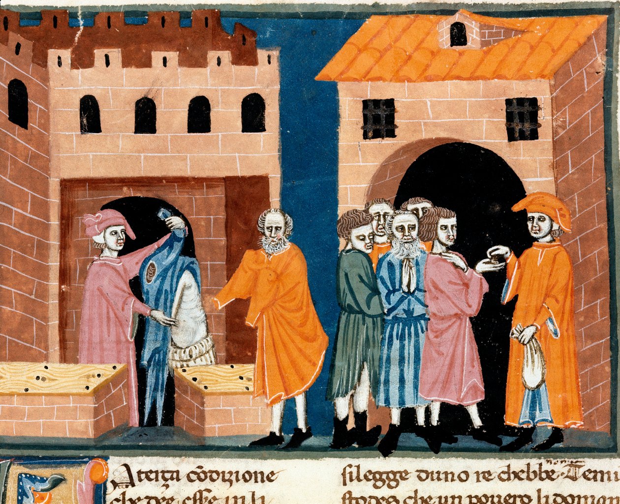 Velgørenhed i middelalderen: "" offentlig bistand"". Scene for velgørenhed og hjælp til de fattige. Miniature af den florentinske skole taget fra den italienske oversættelse af "Pater noster" af den florentinske notar Ser Zucchero Bencivenni, begyndelsen a af Unknown artist