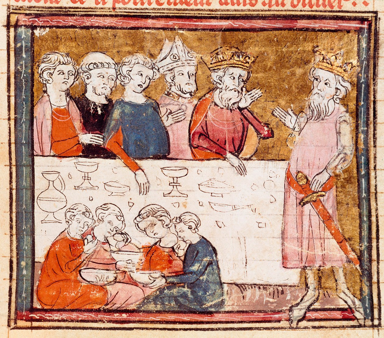 Karl den Store (742-814) og hans nevø rytteren Roland ved en banket, hvor den stakkels Miniature fra "" Grandes Chronicles de France"" 1375-1379 Kommunalbibliotek, Castres af Unknown artist