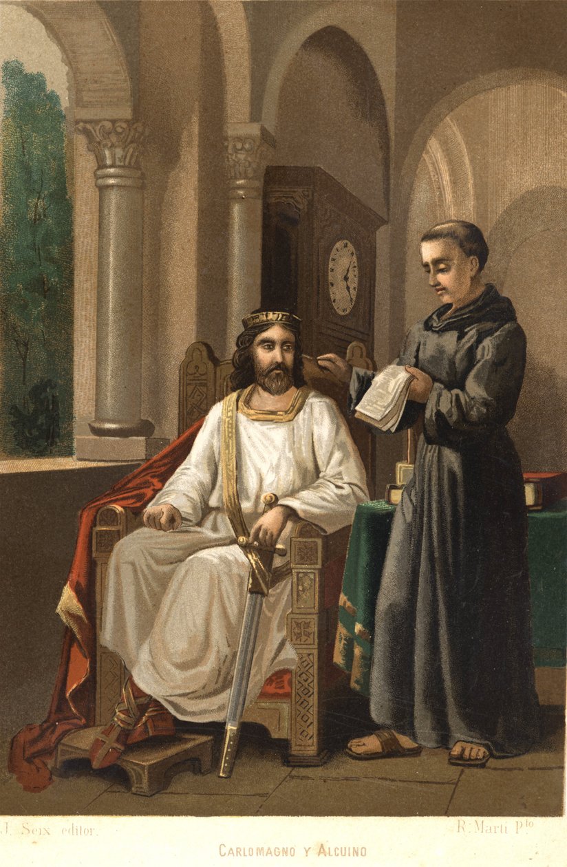 Karl den Store (747-814), konge af frankerne og kejser af vesten, og Alcuin (ca. 781). efter "Science and its Men"" af Louis Figuier. Barcelona 1881 af Unknown artist