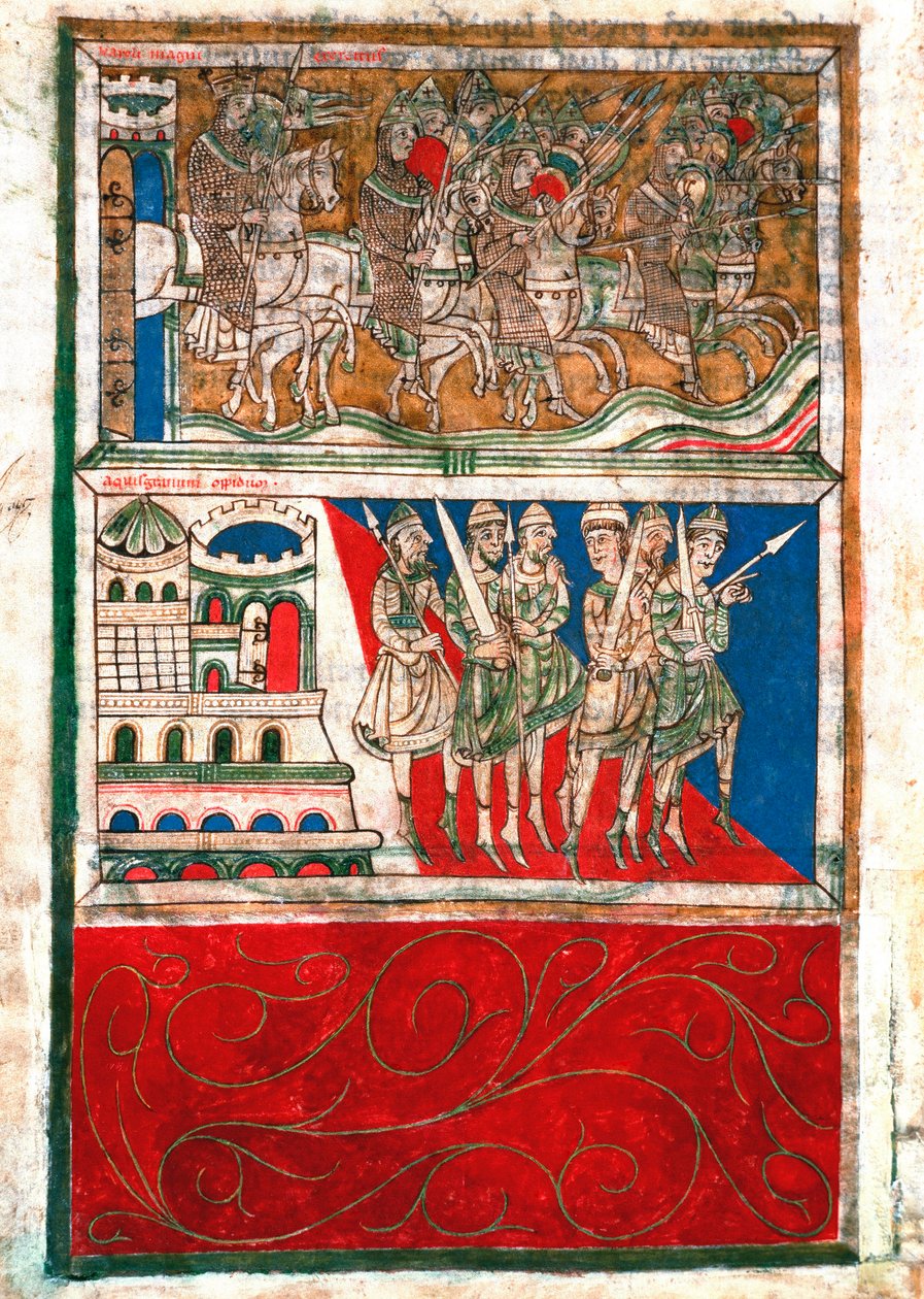 Karl den Store og hans riddere forlader Aachen og tager til Santiago de Compostela Miniature fra "Codex Calixtinus"" (Sankt Jakobs Bog), omkring 1140. fol. 162 v. Arkiv for katedralen i Santiago de Compostela (Santiago de Compostela), Spanien af Unknown artist