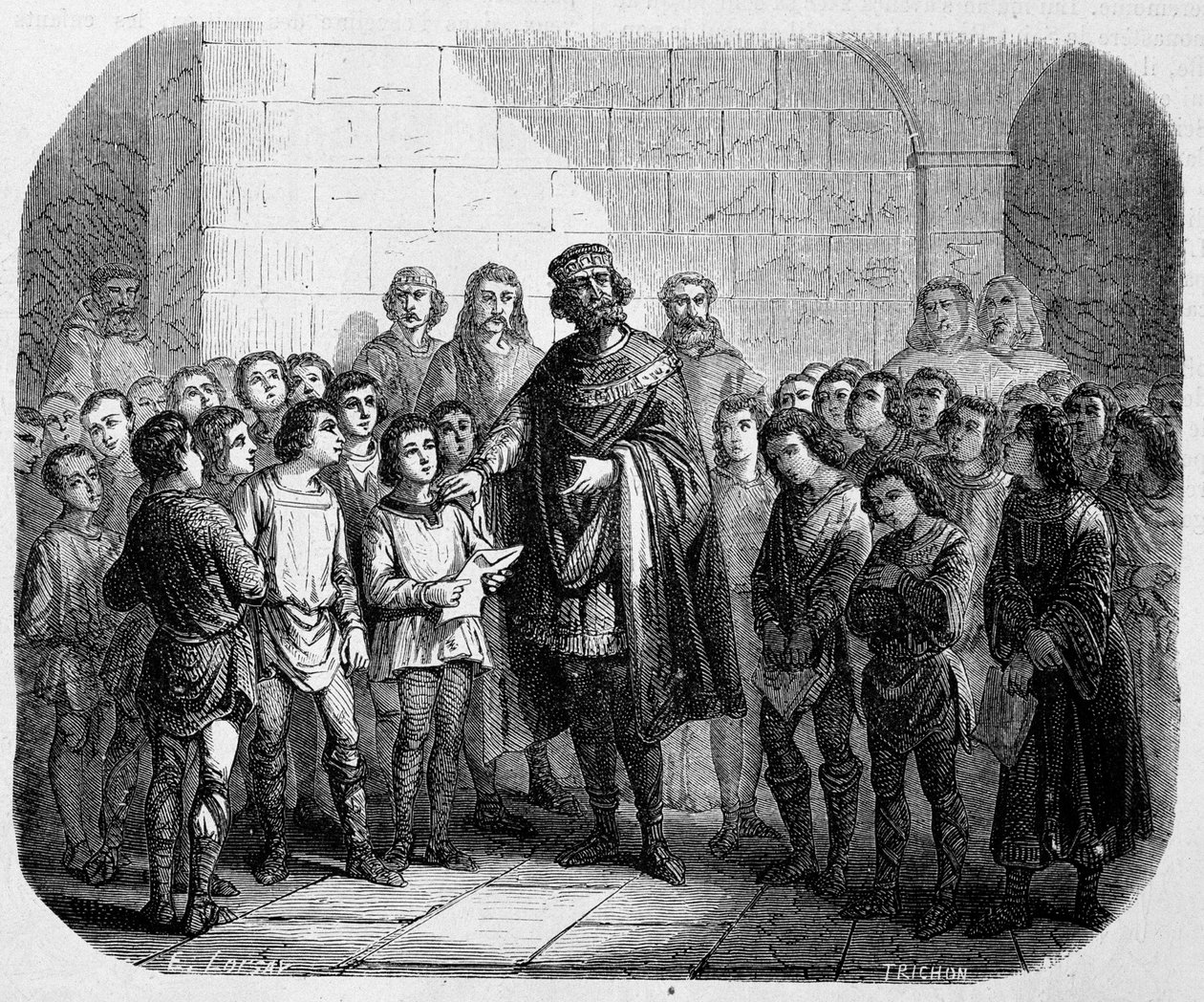 Karl den Store besøger en skole - i "" Historien om paver, konger, dronninger, kejsere, gennem århundrederne" af Maurice Lachatre af Unknown artist