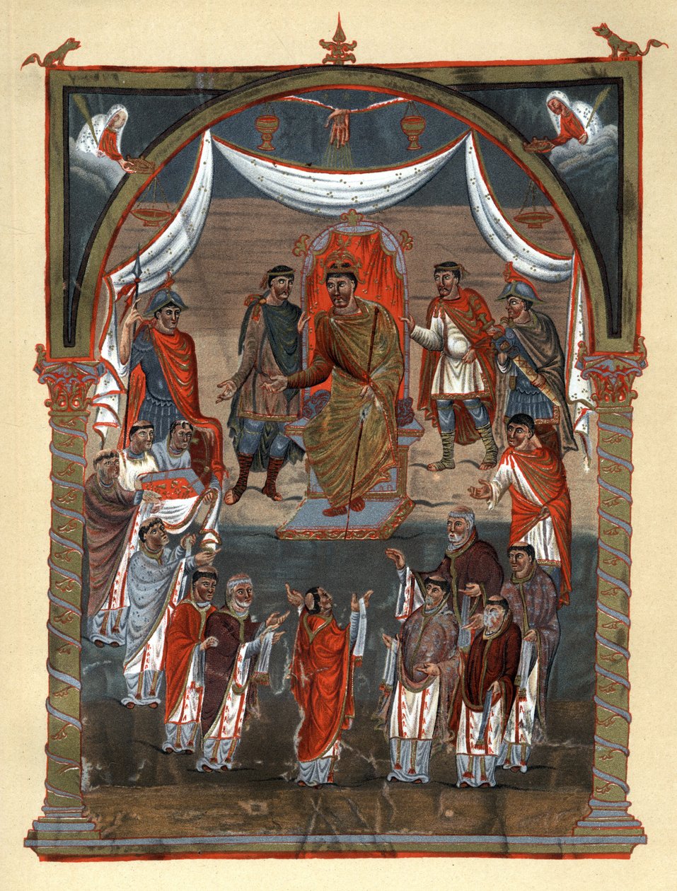 Charles II den Skaldede (823 - 877), konge af Frankrig, der modtager en delegation af munke fra Tours. Faksimile i kromolitografi fra det 19. århundrede efter en miniature fra det X. århundrede bevaret på B.N. de Paris. af Unknown artist