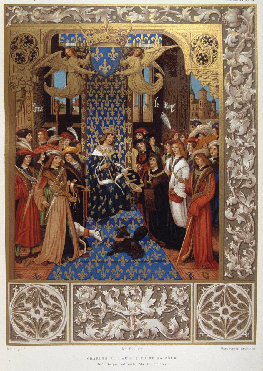 Karl VIII midt i sin gårdhave - fra en miniature af Unknown artist